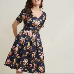 ModCloth Floral Navy Belted Dress 3X